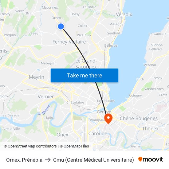 Ornex, Prénépla to Cmu (Centre Médical Universitaire) map