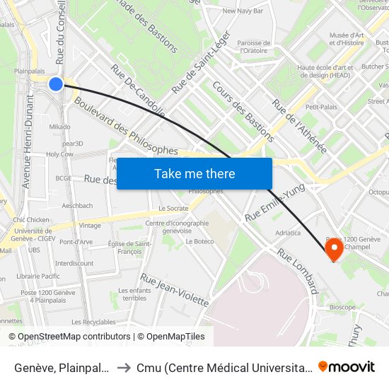 Genève, Plainpalais to Cmu (Centre Médical Universitaire) map
