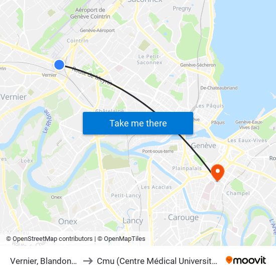 Vernier, Blandonnet to Cmu (Centre Médical Universitaire) map