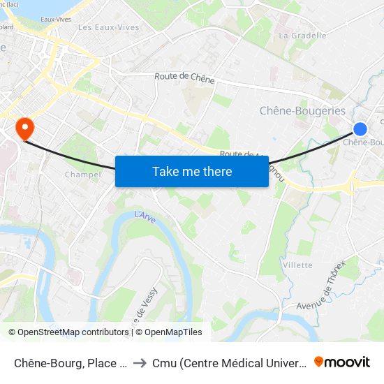 Chêne-Bourg, Place Favre to Cmu (Centre Médical Universitaire) map
