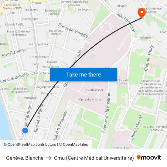 Genève, Blanche to Cmu (Centre Médical Universitaire) map