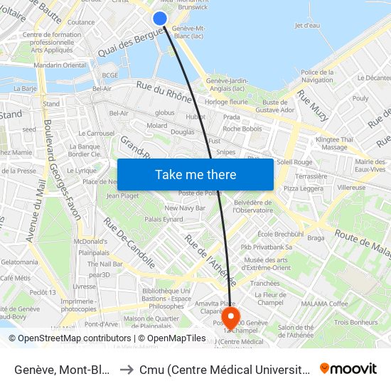 Genève, Mont-Blanc to Cmu (Centre Médical Universitaire) map