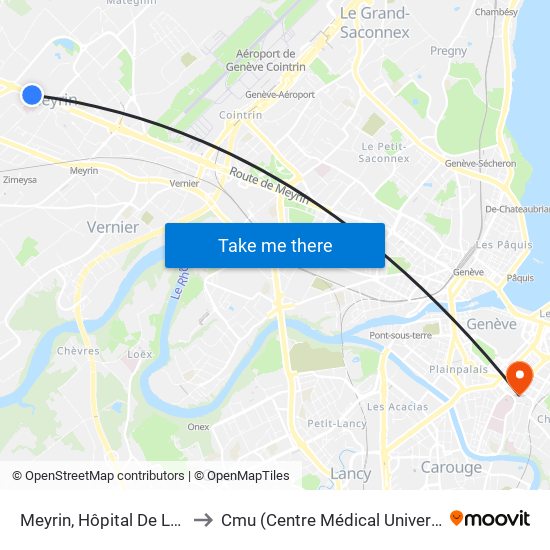 Meyrin, Hôpital De La Tour to Cmu (Centre Médical Universitaire) map