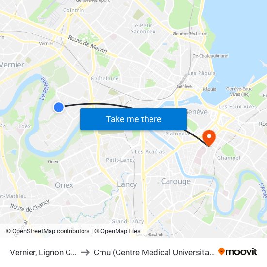 Vernier, Lignon Cité to Cmu (Centre Médical Universitaire) map