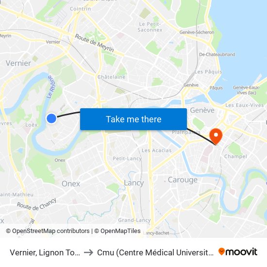 Vernier, Lignon Tours to Cmu (Centre Médical Universitaire) map