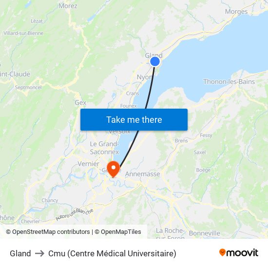 Gland to Cmu (Centre Médical Universitaire) map