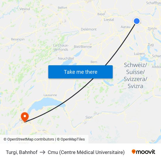 Turgi, Bahnhof to Cmu (Centre Médical Universitaire) map