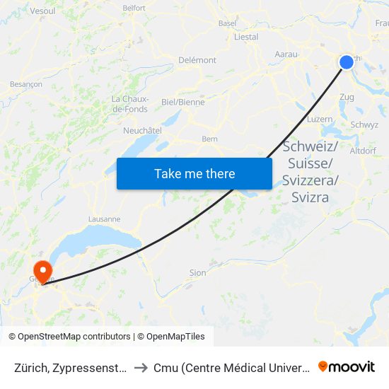 Zürich, Zypressenstrasse to Cmu (Centre Médical Universitaire) map