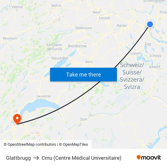 Glattbrugg to Cmu (Centre Médical Universitaire) map