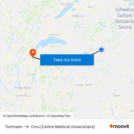 Turtmann to Cmu (Centre Médical Universitaire) map