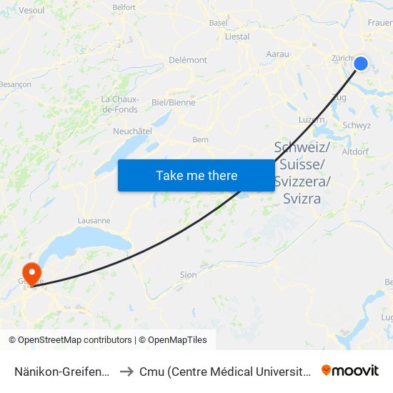 Nänikon-Greifensee to Cmu (Centre Médical Universitaire) map