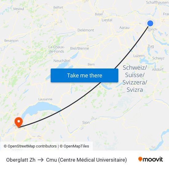 Oberglatt Zh to Cmu (Centre Médical Universitaire) map