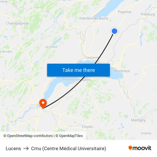 Lucens to Cmu (Centre Médical Universitaire) map