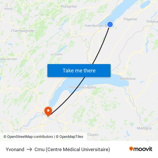 Yvonand to Cmu (Centre Médical Universitaire) map