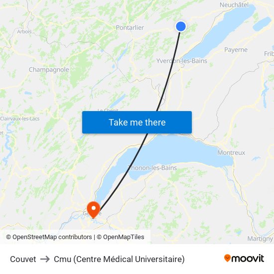 Couvet to Cmu (Centre Médical Universitaire) map