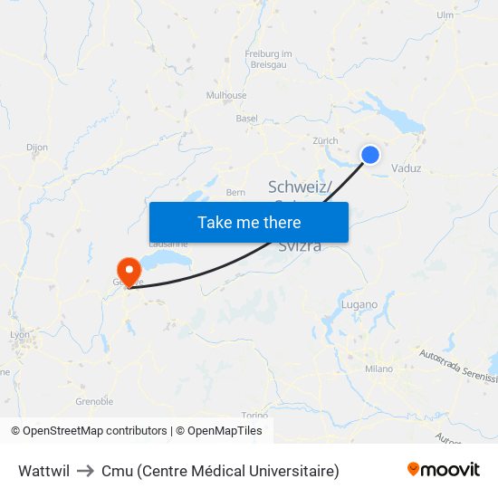 Wattwil to Cmu (Centre Médical Universitaire) map