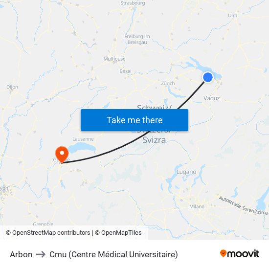 Arbon to Cmu (Centre Médical Universitaire) map