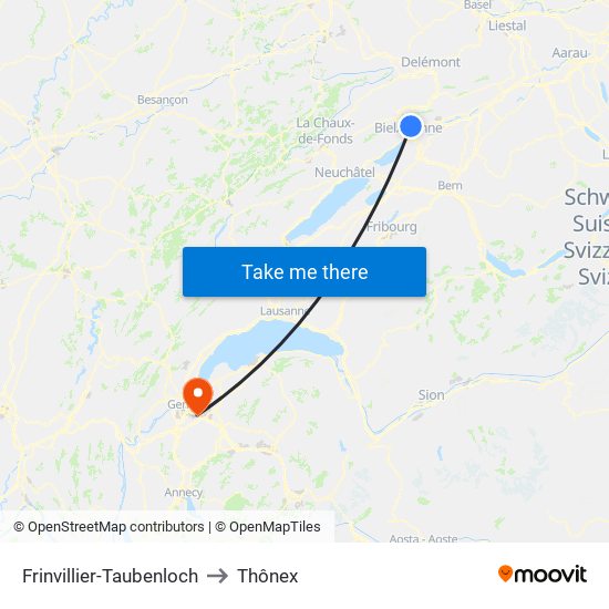 Frinvillier-Taubenloch to Thônex map