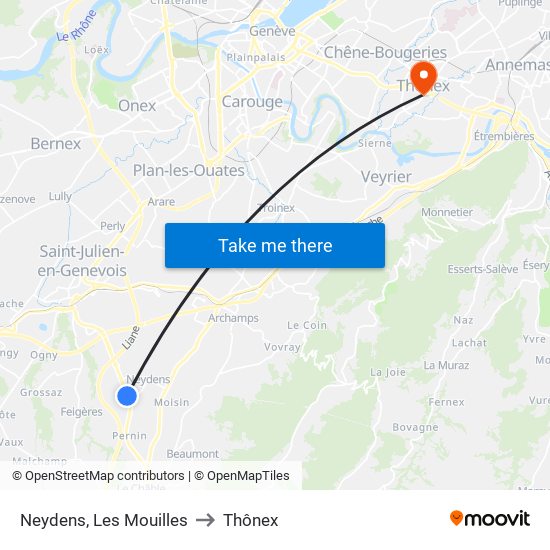 Neydens, Les Mouilles to Thônex map