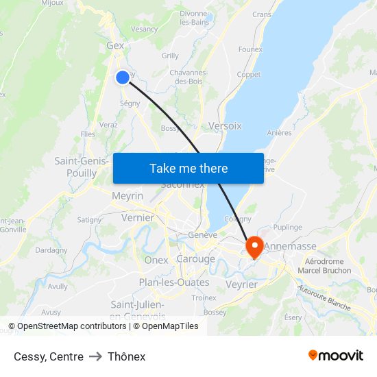Cessy, Centre to Thônex map