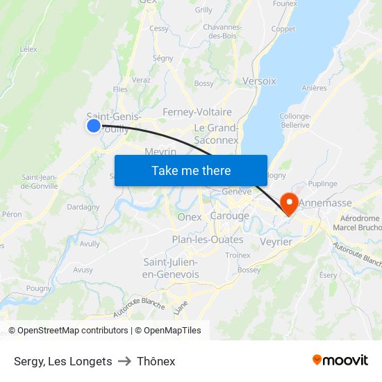 Sergy, Les Longets to Thônex map