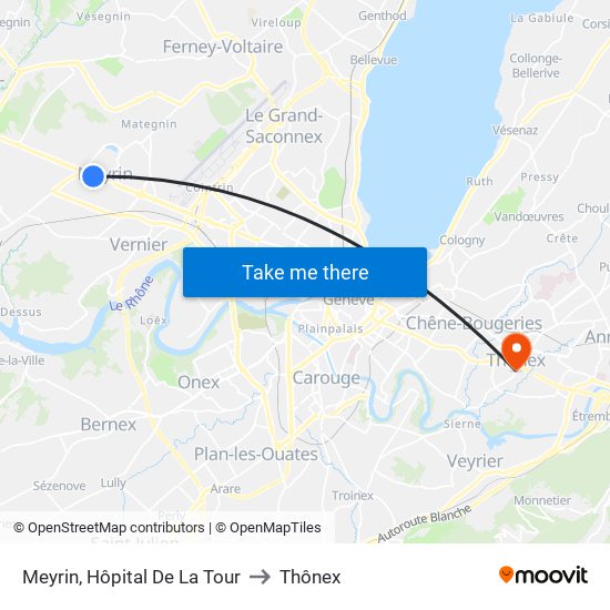 Meyrin, Hôpital De La Tour to Thônex map