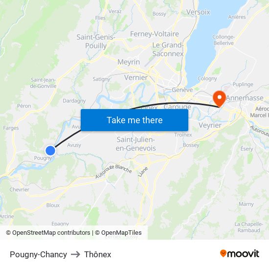 Pougny-Chancy to Thônex map