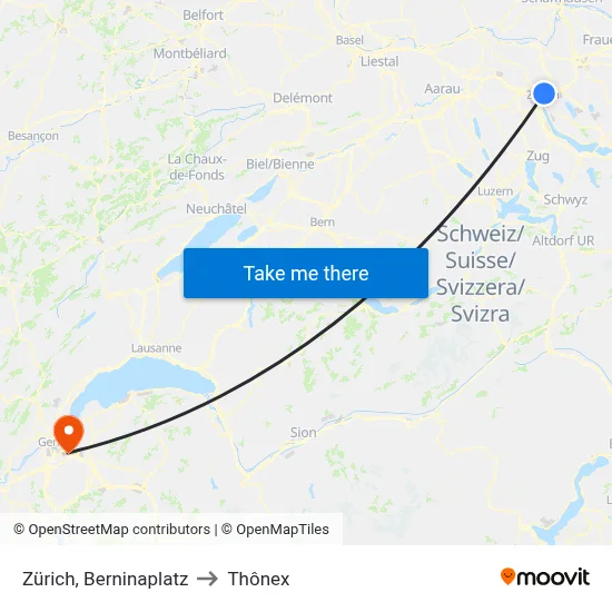 Zürich, Berninaplatz to Thônex map