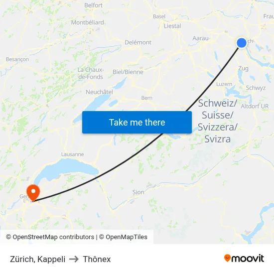 Zürich, Kappeli to Thônex map