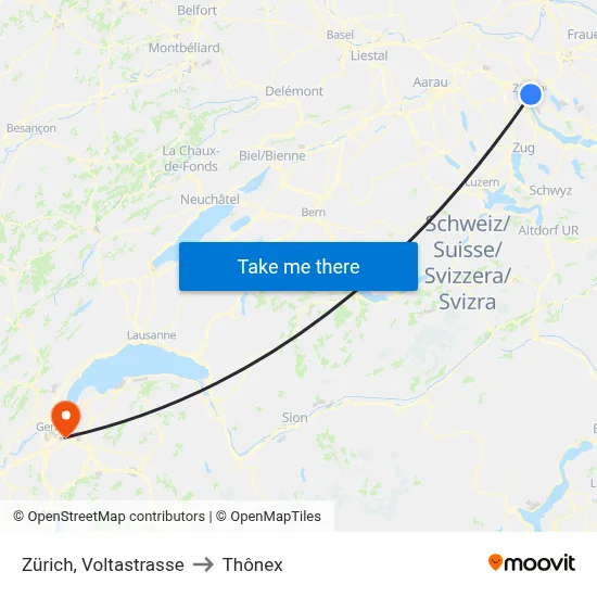 Zürich, Voltastrasse to Thônex map