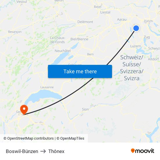 Boswil-Bünzen to Thônex map