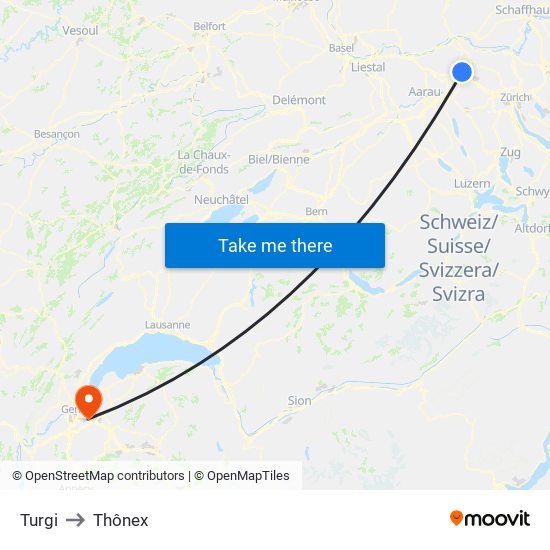 Turgi to Thônex map