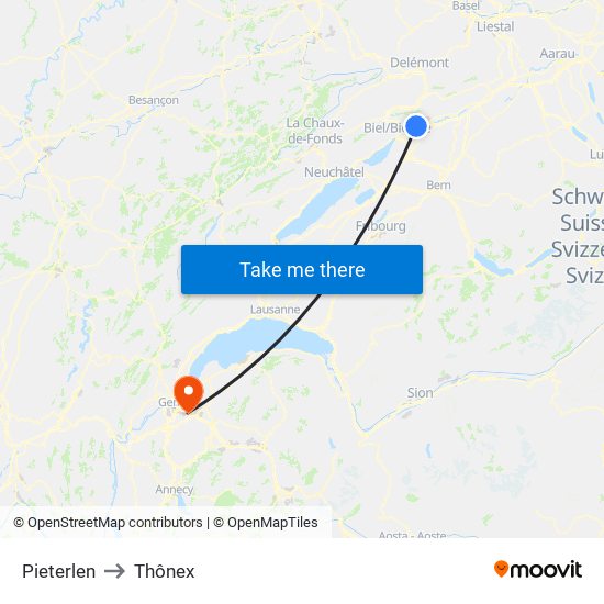 Pieterlen to Thônex map