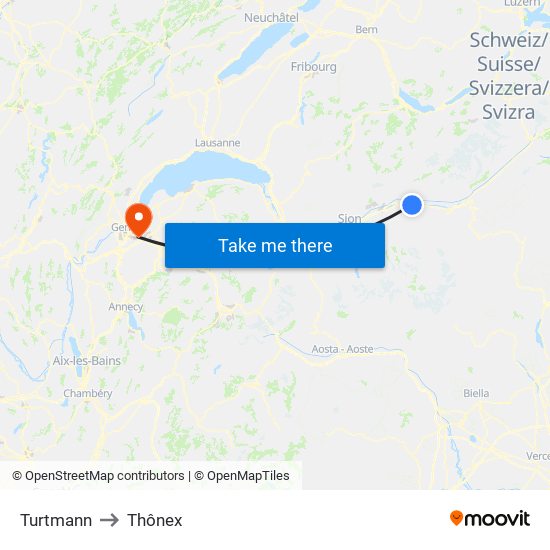 Turtmann to Thônex map