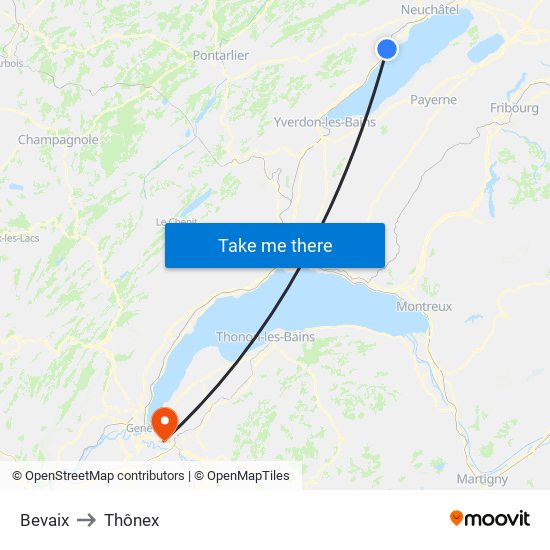 Bevaix to Thônex map