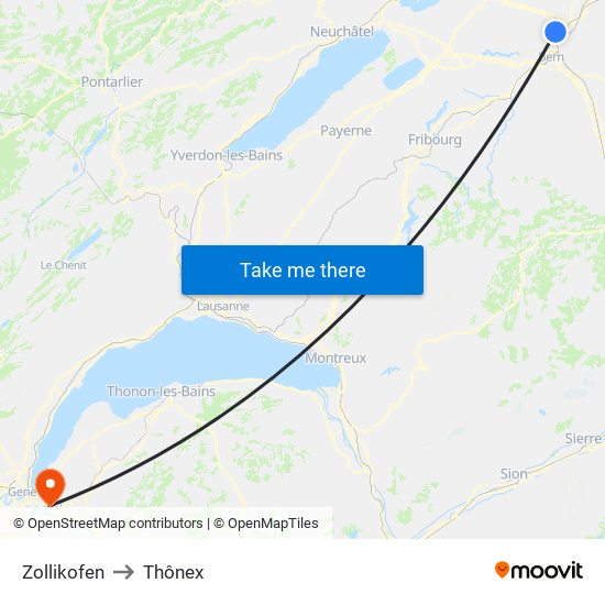 Zollikofen to Thônex map