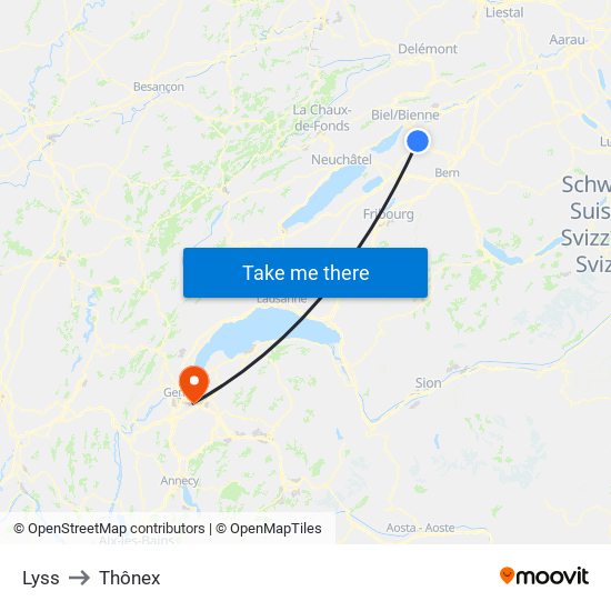 Lyss to Thônex map