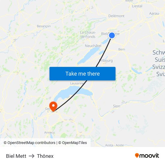 Biel Mett to Thônex map