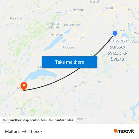 Malters to Thônex map