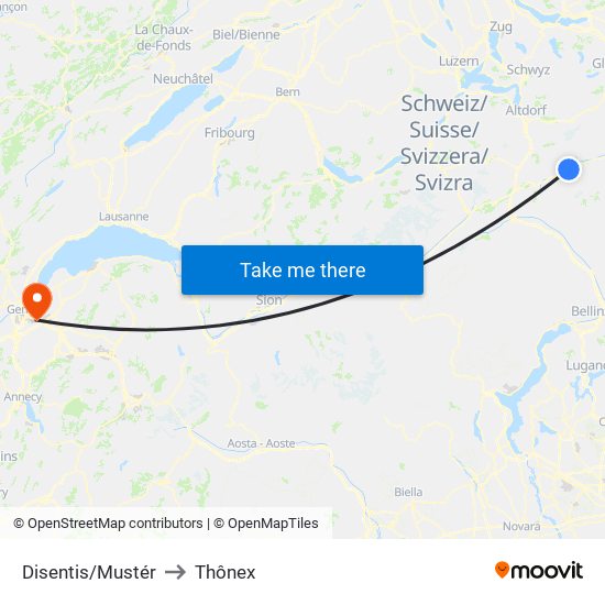 Disentis/Mustér to Thônex map