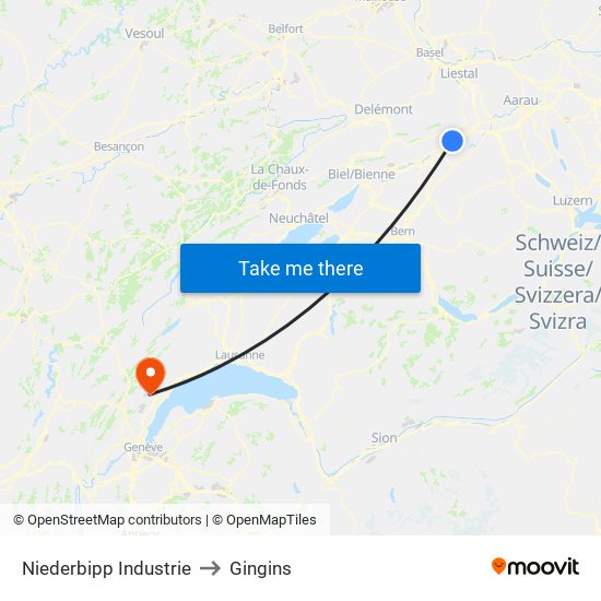 Niederbipp Industrie to Gingins map