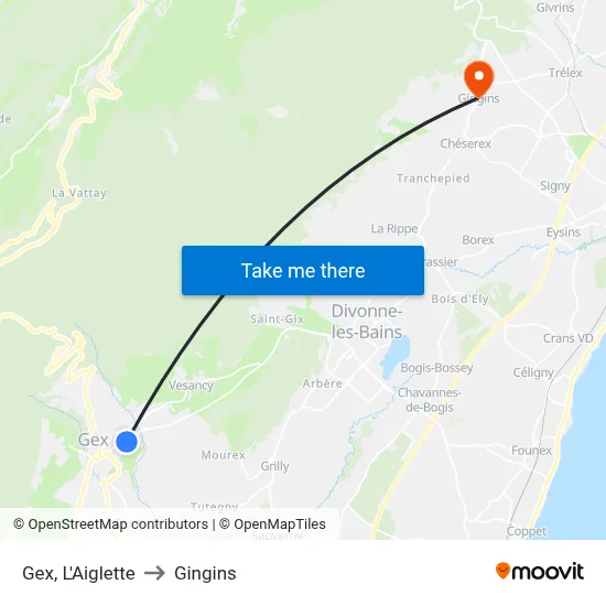 Gex, L'Aiglette to Gingins map