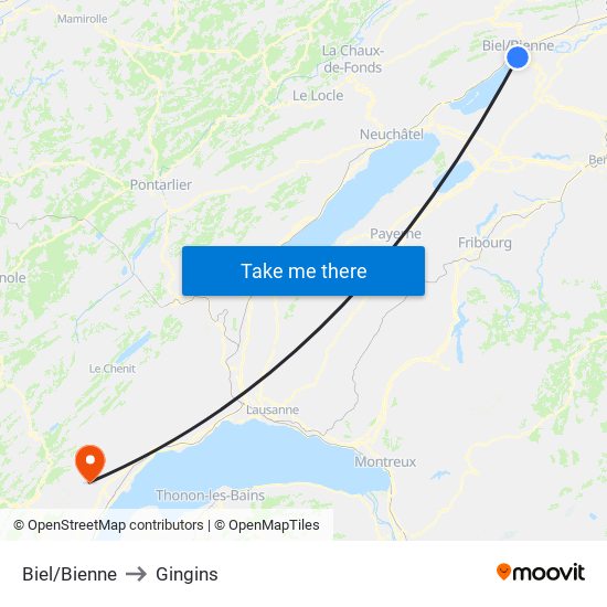 Biel/Bienne to Gingins map