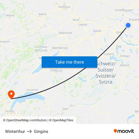 Winterthur to Gingins map