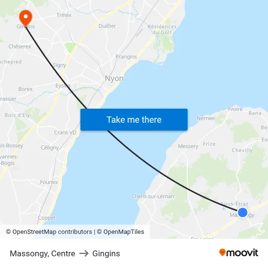 Massongy, Centre to Gingins map
