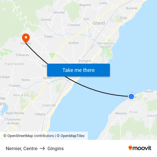 Nernier, Centre to Gingins map