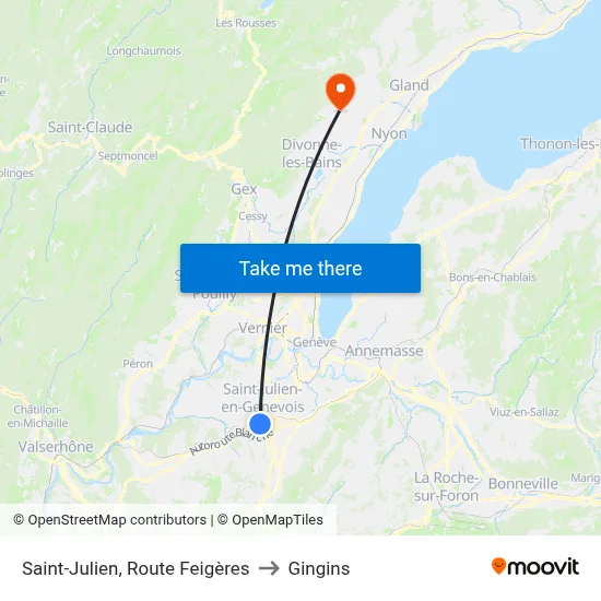 Saint-Julien, Route Feigères to Gingins map