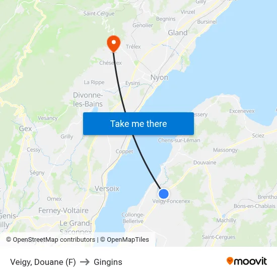 Veigy, Douane (F) to Gingins map