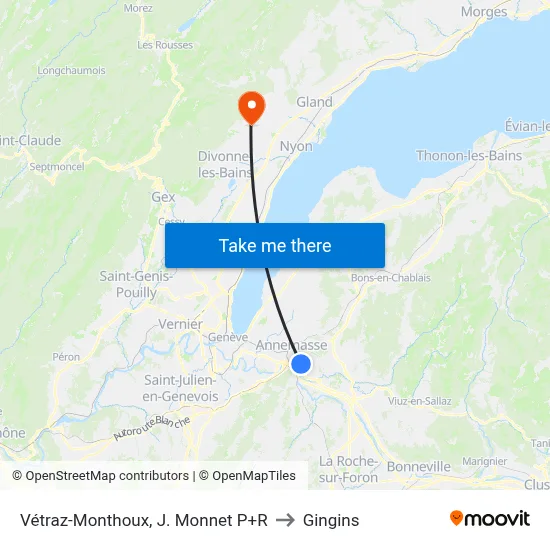 Vétraz-Monthoux, J. Monnet P+R to Gingins map