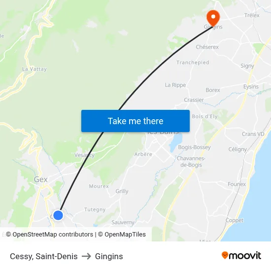 Cessy, Saint-Denis to Gingins map